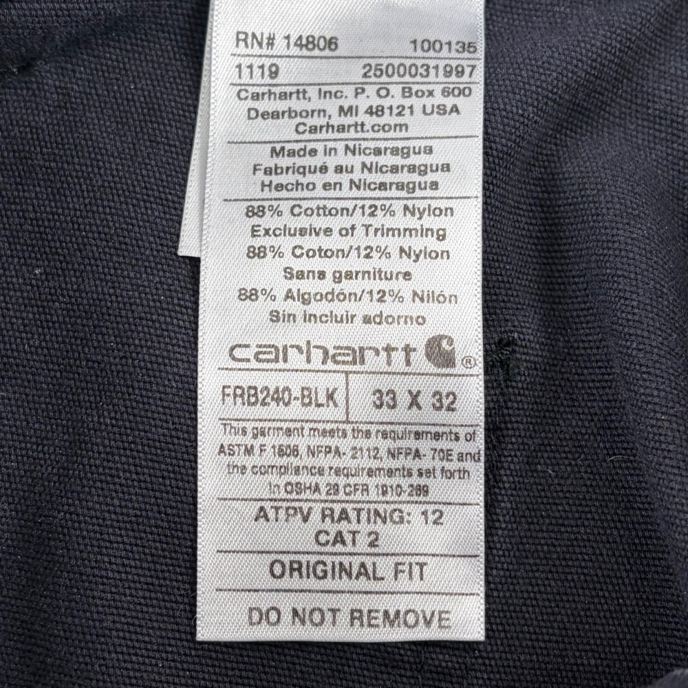 Carhartt Cargo Pants Men 33(30)x32 Black FR Flame Resistant Original Fit FRB240- - Picture 2 of 9